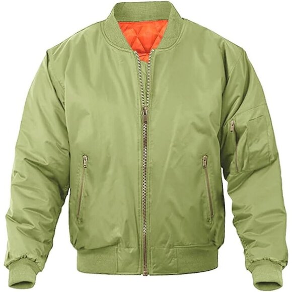 Men's Bomber Jacket Casual Green Winter Warm Coats Zipper Pocket Design Outwear